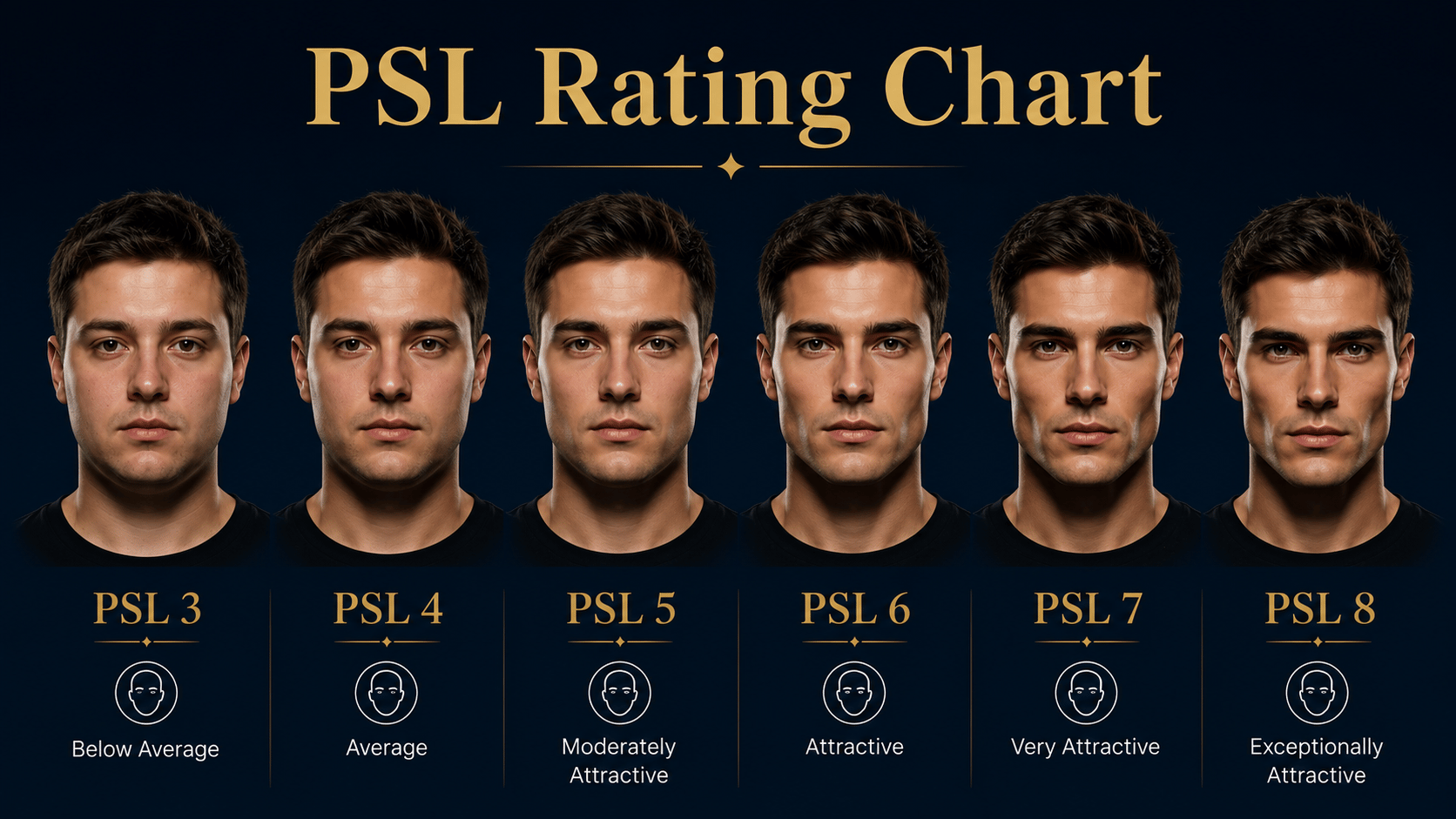 Large PSL rating chart example for men showing score ranges from PSL 3 through PSL 8