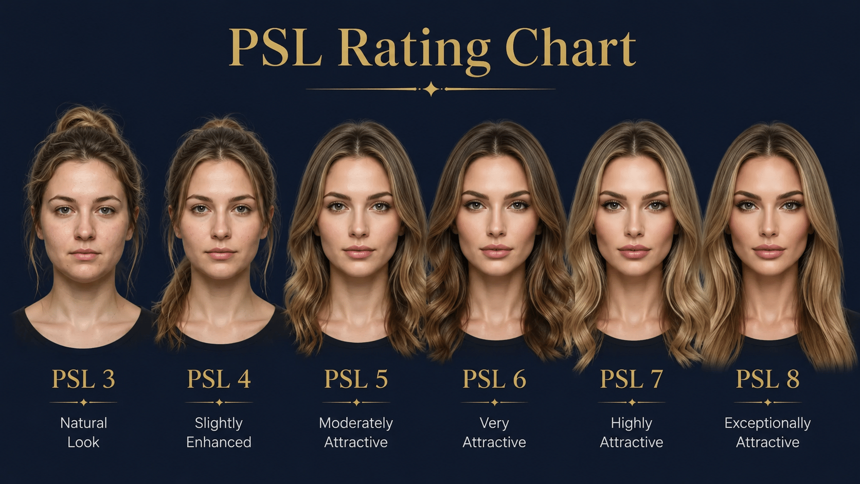 Large PSL rating chart example for women showing score ranges from PSL 3 through PSL 8